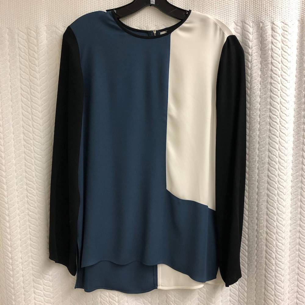 Zara Colorblock Long Sleeve Blouse — Teal, Cream & Black